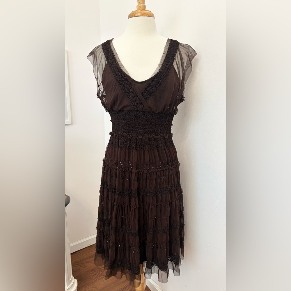 Max Studio Brown Tiered Smocked Midi Dress